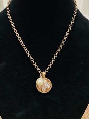 Gold-Tone Cross Pendant Necklace with Pearl Accent